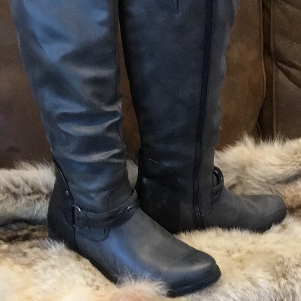 Gray distressed knee high boot